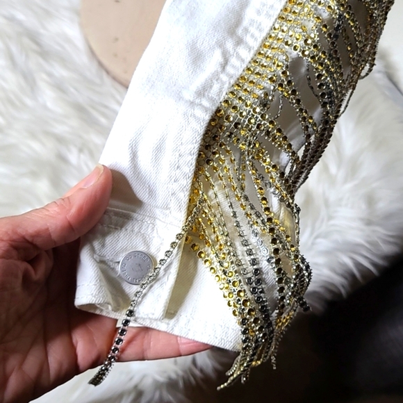 Jean Jacket Size Small White Denim Crystal Fringe Western Rodeo Cowgirl Unique - Picture 4 of 8